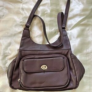 SHOULDER BAG, LEATHER, AVON SIGNATURE, DARK BROWN, TOP ZIP, HAS MANY POCKETS,